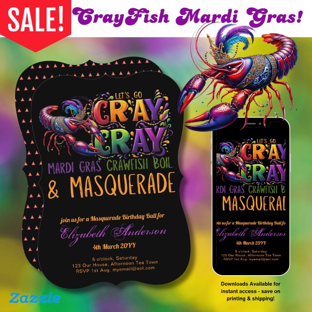 Invitation Mardi Gras Crawfish Boil Masquerade Lets Cray Cray (Créateur téléchargé)