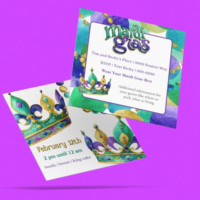 Invitation Mardi Gras Crowns and Beads Party Invite (Mardi Gras party invitation you can customize on the front and back. )