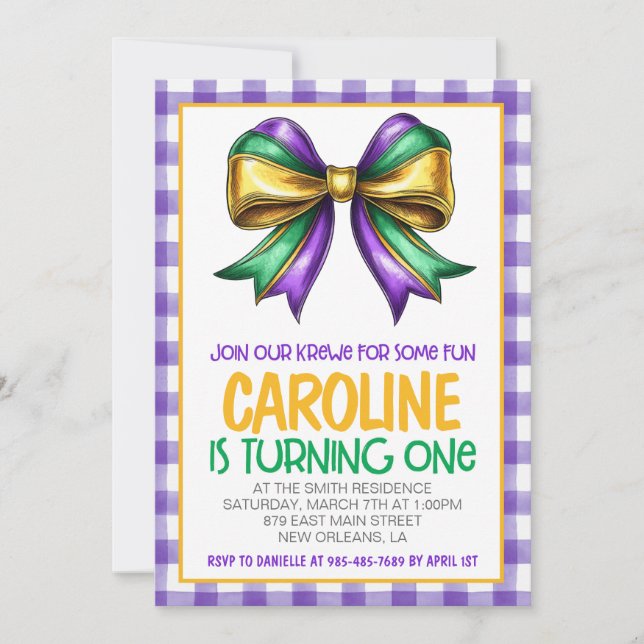 Invitation Mardi Gras Krewe Coquette Bow Premier anniversaire (Devant)