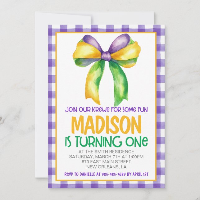Invitation Mardi Gras Krewe Coquette Bow Premier anniversaire (Devant)
