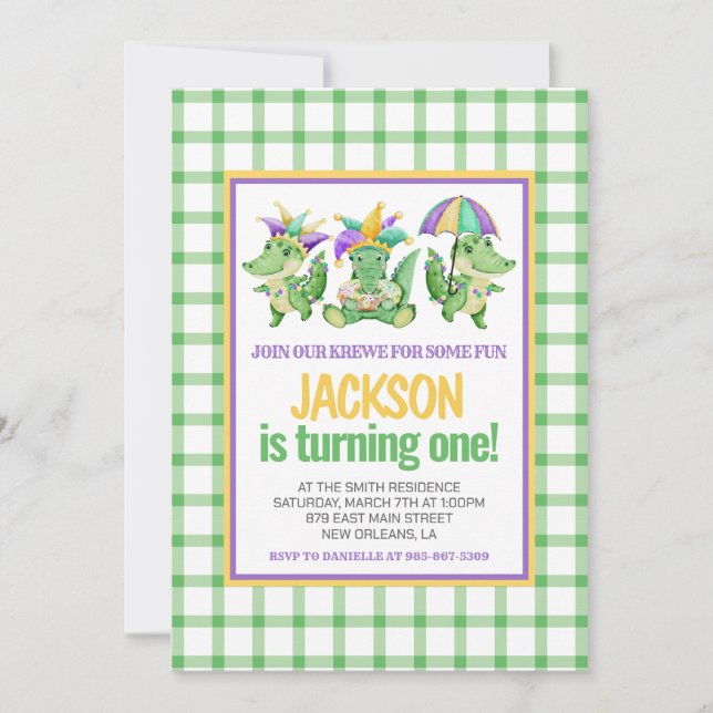 Invitation Mardi Gras Krewe Cute Gator Premier anniversaire (Devant)
