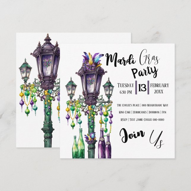 Invitation Mardi Gras Lamp Post et Beads Party (Devant / Derrière)