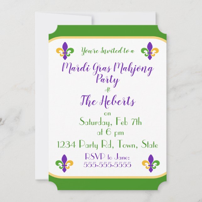 Invitation Mardi Gras MAHJONG Green Gold Purple Fleur de Lis (Devant)