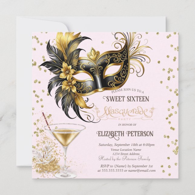 Invitation Mardi Gras Masque Diamants Champagne Sweet 16 (Devant)
