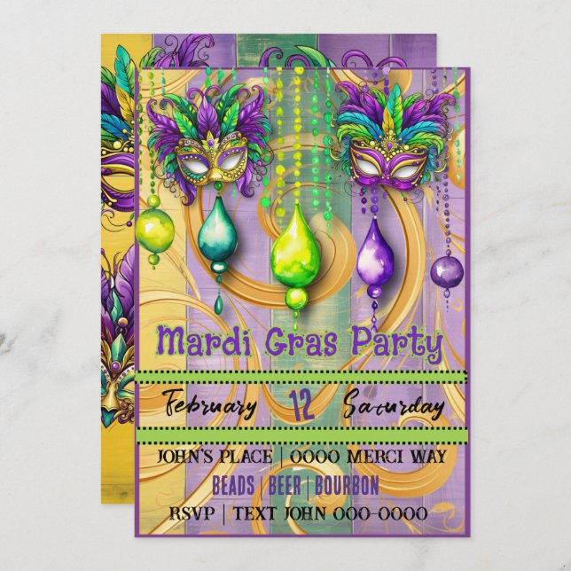 Invitation Mardi Gras Masque et Beads Party (Devant / Derrière)