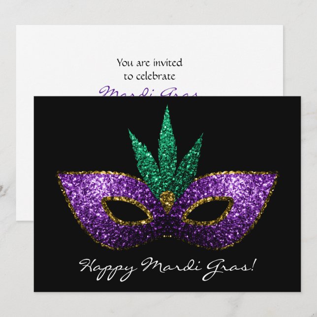 Invitation Mardi Gras Masque violet vert or étincelles Invita (Devant / Derrière)