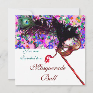 Invitation MARDI GRAS MASQUERADE & CONFETTI blanc violet rose
