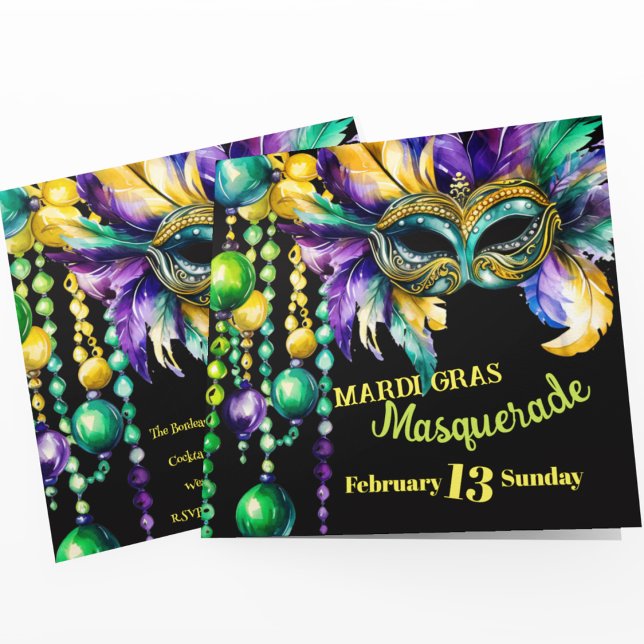 Invitation Mardi Gras Masquerade Masque Masque Masque et Bead (Mardi Gras masquerade party invitation that you can customize with your Shrove Tuesday events. )