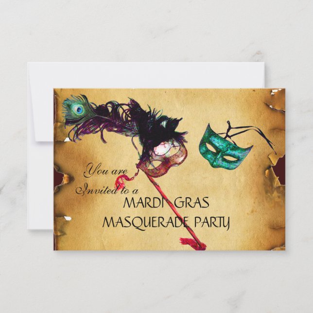 Invitation MARDI GRAS MASQUERADE PARTY, parchemin rsvp (Devant)