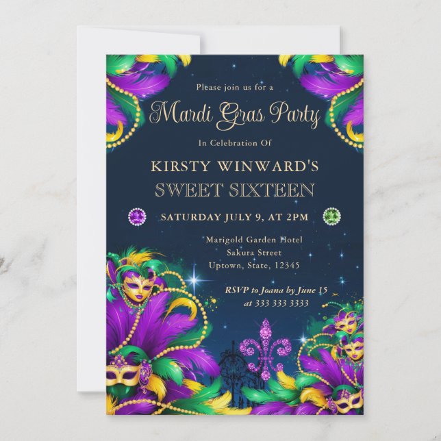 Invitation Mardi Gras Masquerade Sweet sixteen (Devant)