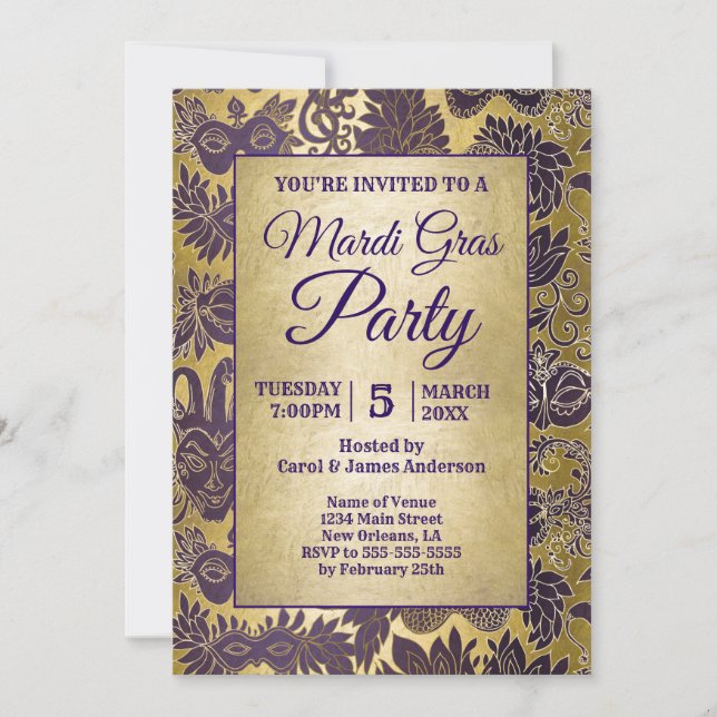 Invitation Mardi Gras Party Purple Faux Gold Mask Back Info (Devant)