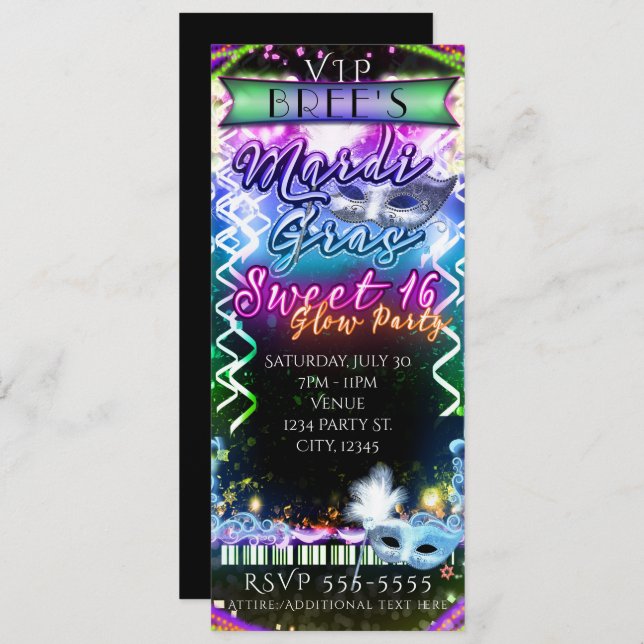Invitation Mardi Gras Rainbow Glow VIP SWEET 16 Party Ticket (Devant / Derrière)
