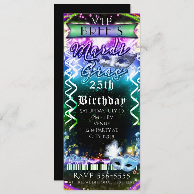 Invitation Mardi Gras Rainbow Llow VIP Anniversaire de fête (Devant / Derrière)