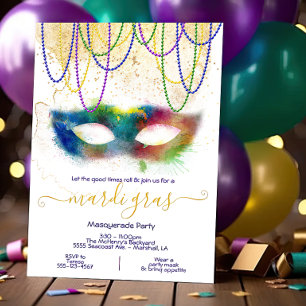 Invitation Mardi Gras Rainbow Watercolor Masquerade Party
