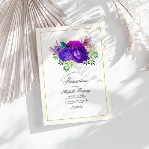 Invitation Mardi Gras Violet et Floral Rose Chaud Quinceañera