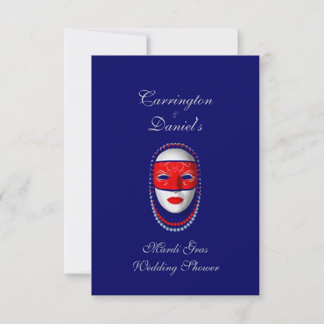 Invitation "Mardi Gras Wedding shower" Masque perlé rouge/ble (Devant)
