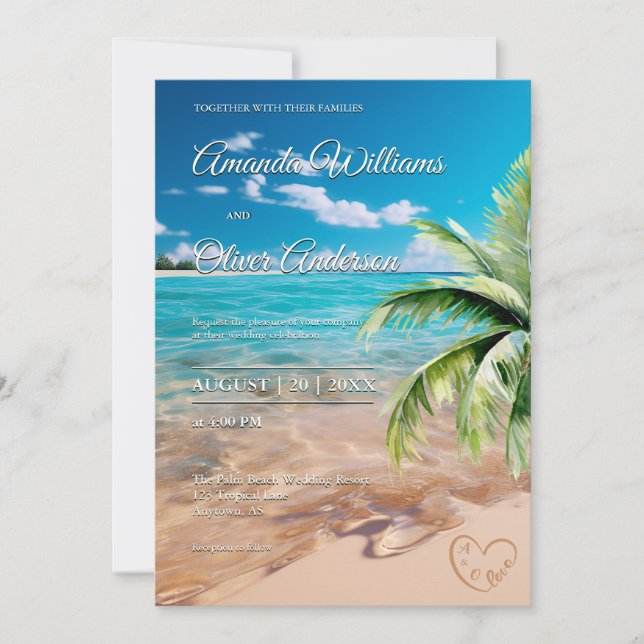 Invitation Marées Turquoise Tropical Palm Tree Beach Mariage (Devant)