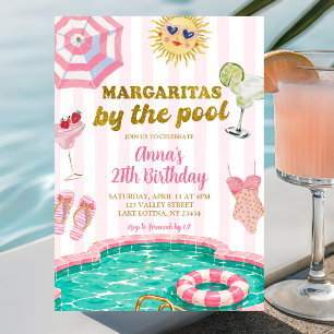 Invitation Margaritas à rayures roses près de la piscine pour