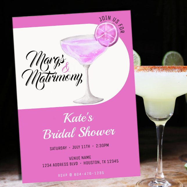 Invitation Marges et mariage Fête des mariées rose et blanche (Margs & Matrimony Pink & White Bridal Shower Invitation
)