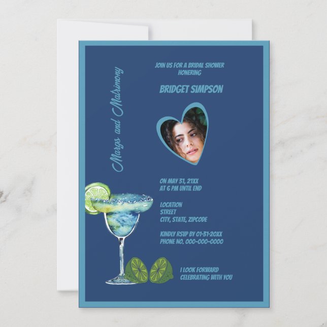 Invitation margs de douche nuptiale bleu et photo matrimonial (Devant)
