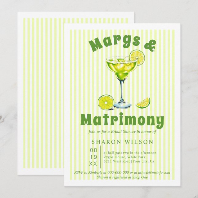 Invitation Margs & Matrimony cocktails rayures nuptiale douch (Devant / Derrière)