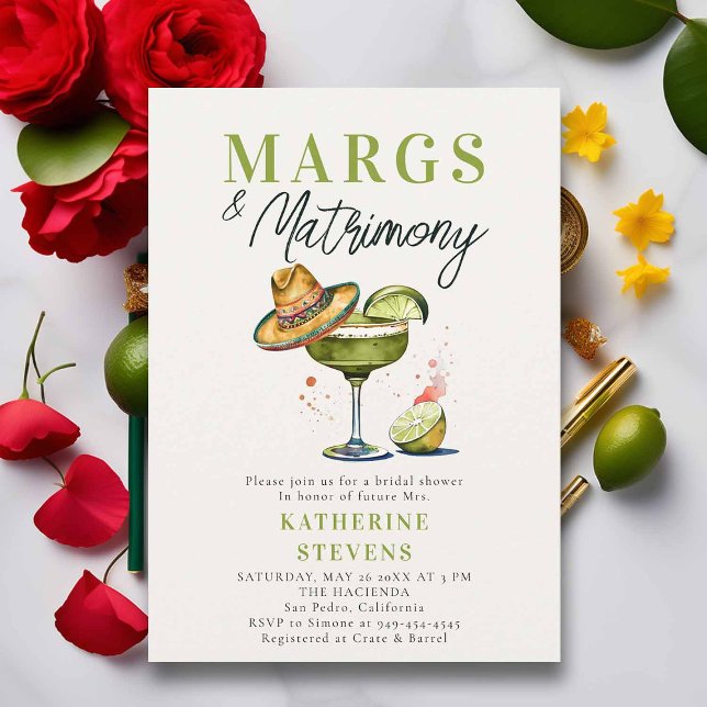 Invitation Margs Matrimony Margarita Cocktail Fête des mariée (margs and matrimony bridal shower invitation margarita cocktail sombrero fiesta mexican)