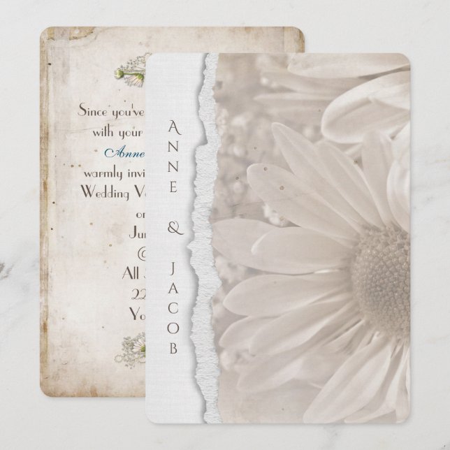 Invitation marguerite mariage en sépia avec bord de papier dé (Devant / Derrière)