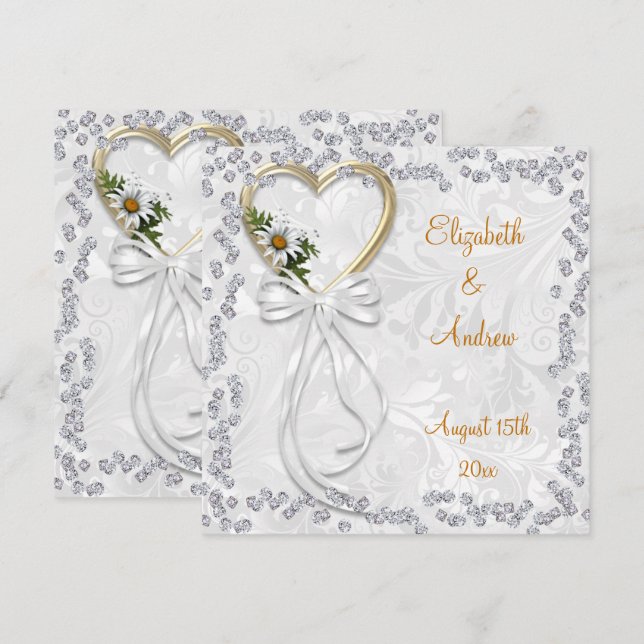 Invitation Marguerite romantique, diamants et mariage blanc (Devant / Derrière)