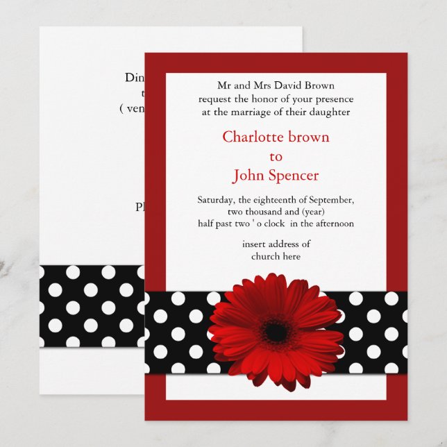 Invitation marguerite rouge pois (Devant / Derrière)