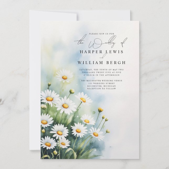 Invitation marguerites aquarelles meadow qr code mariage (Devant)
