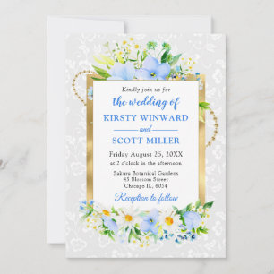 Invitation Marguerites et Fleurs d'Été Bleues Mariage Feuille