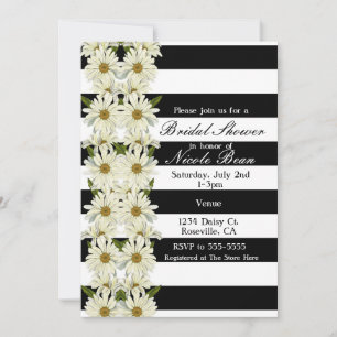 Invitation Marguerites et rayures noires et blanches Floral m