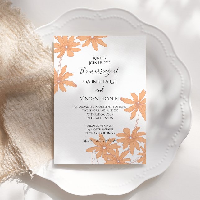 Invitation Marguerites orange sur Mariage blanc (Créateur téléchargé)