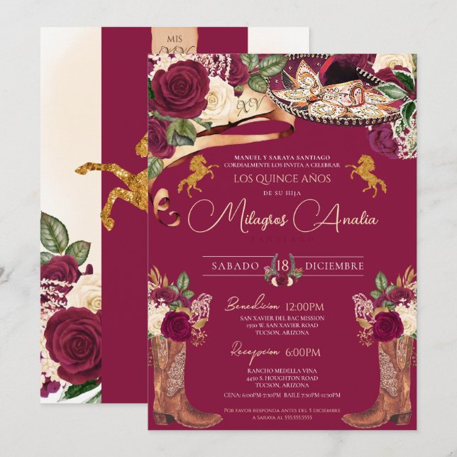 Invitation Mariachi Charro Quinceanera, Rose de Bourgogne (Devant / Derrière)