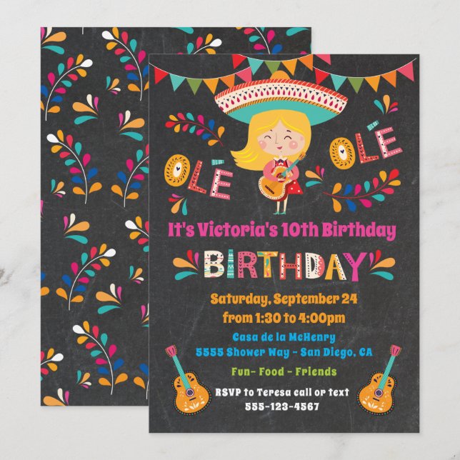 Invitation Mariachi Fille Mexicaine Fête d'anniversaire (Devant / Derrière)