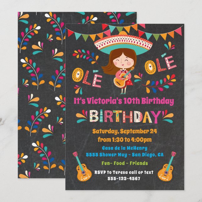 Invitation Mariachi Fille Mexicaine Fête d'anniversaire (Devant / Derrière)