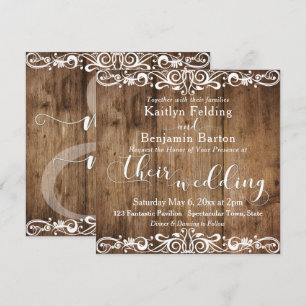 Invitation Mariage 2b en Bois Brun Rustique avec Typographie