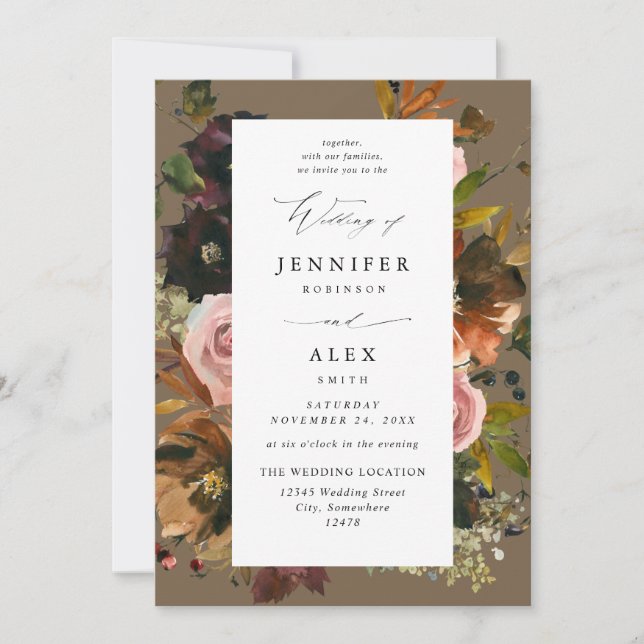Invitation Mariage 4 Taupe Rustique or, violet et rose (Devant)