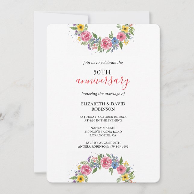 Invitation mariage 50e anniversaire de la fleur aquarelle uni (Devant)