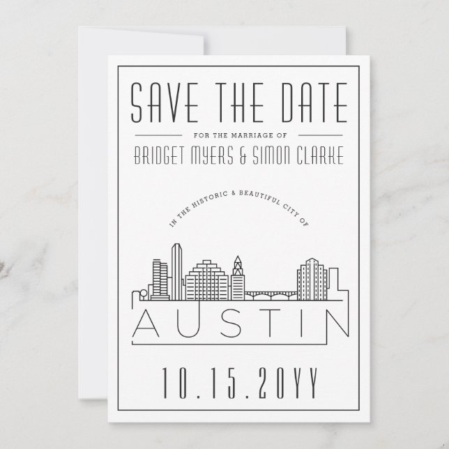 Invitation Mariage à Austin | Enregistrez la date avec une sk (Devant)