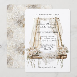 Invitation Mariage à balancier floral rose en dentelle de crè
