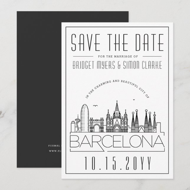 Invitation Mariage à Barcelone Skyline stylisé Enregistrez la (Devant / Derrière)
