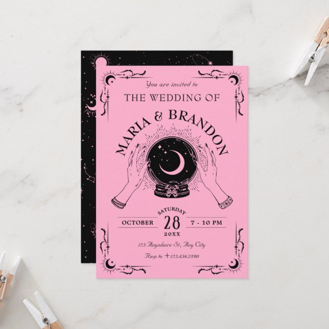 Invitation Mariage à bille en cristal de lune rose noire (Devant/Arrière en situation)