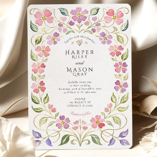 Invitation Mariage à cadre de pétale floral rose et violet