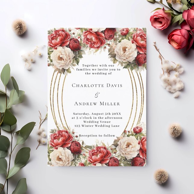 Invitation Mariage à cadre doré de fleurs rouges (Créateur téléchargé)