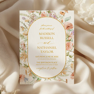 Invitation Mariage à Cadre Doré de Prairie Florale de Fleurs 