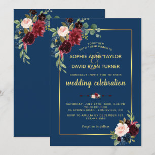 Invitation Mariage à cadre doré floral bleu marine Bourgogne
