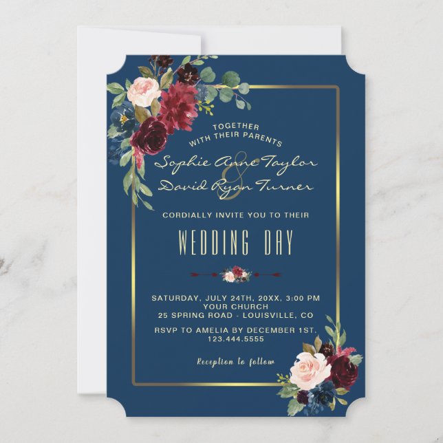 Invitation Mariage à cadre doré floral bordeaux marine (Devant)