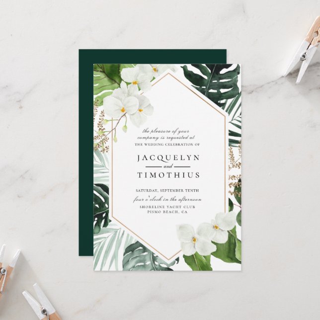 Invitation Mariage à cadre floral blanc de verdure tropicale (Devant/Arrière en situation)