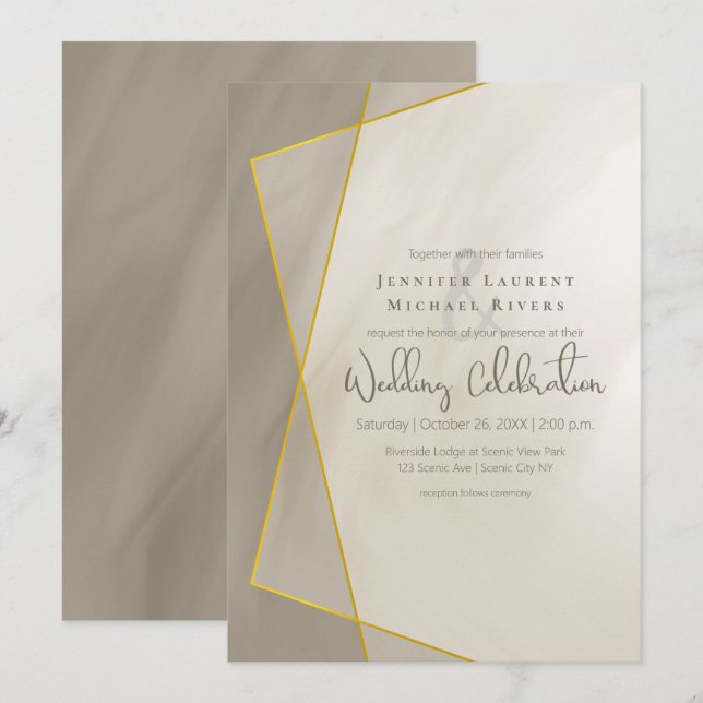 Invitation mariage à cadre or gris antique (Devant / Derrière)